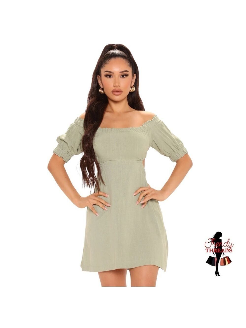 58 Fashion Nova NEW Riley Linen Mini Dress LARGE Sage Off Shoulder Boho Green - Picture 2 of 3
